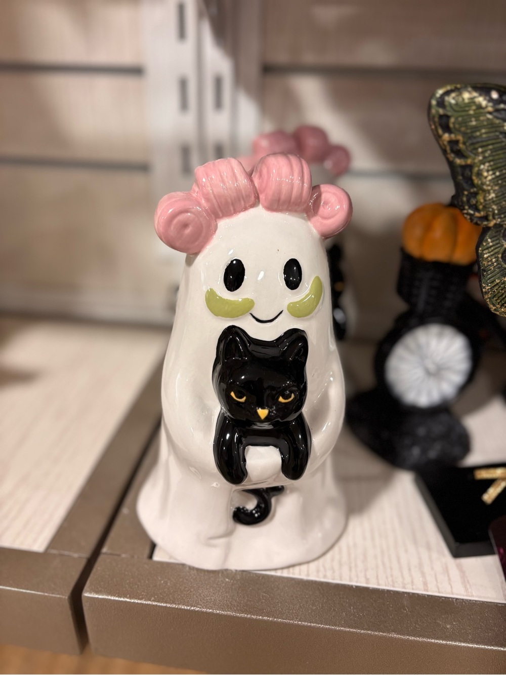 Cute White Ghost Figurine Holding Black Cat with Pink Hair curlers spa